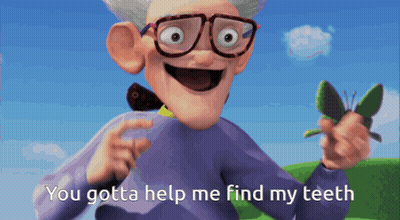 Cartoon Character Holding Butterfly Says You Gotta Help Me Find My Teeth GIF