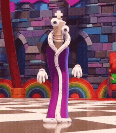 Cartoon Character Holding Chess Piece In Front Of Castle GIF