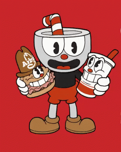 Cartoon Character Holding Coffee And Hamburger GIF
