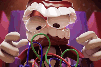 Cartoon Character Holding Colorful Ropes In Mouth GIF