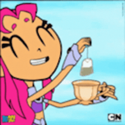 Cartoon Character Holding Cup Of Tea And Tea Bag GIF