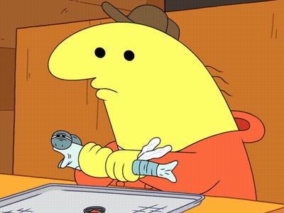 Cartoon Character Holding Fish With Bandage On Arm GIF