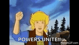 Cartoon Character Holding Fist Up Saying Powers Unite