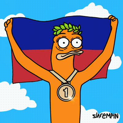 Cartoon Character Holding Flag Wearing Medal Number 1 GIF