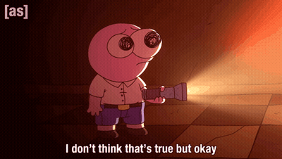 Cartoon Character Holding Flashlight Saying Not True GIF
