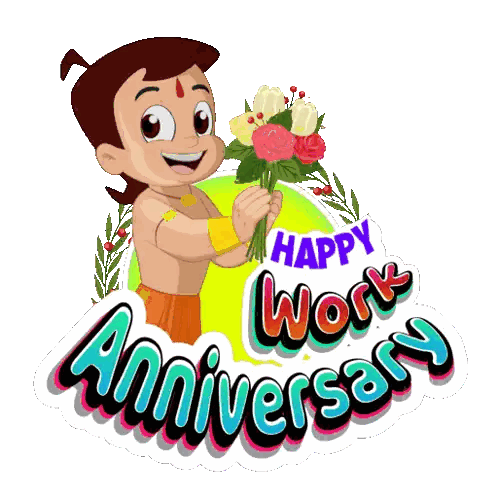 Cartoon Character Holding Flowers Happy Work Anniversary Sticker