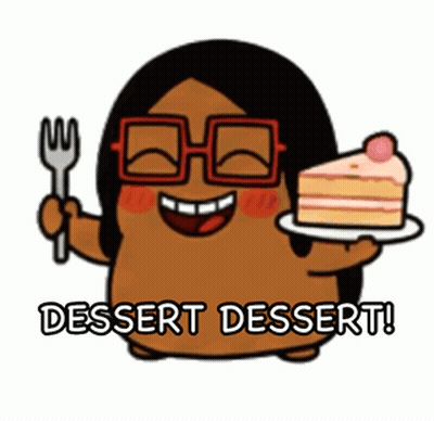 Cartoon Character Holding Fork And Cake Saying Dessert Dessert GIF