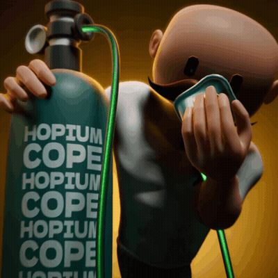 Cartoon Character Holding Green Bottle Saying Hopium Cope GIF