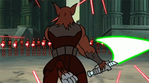 Cartoon Character Holding Green Lightsaber GIF