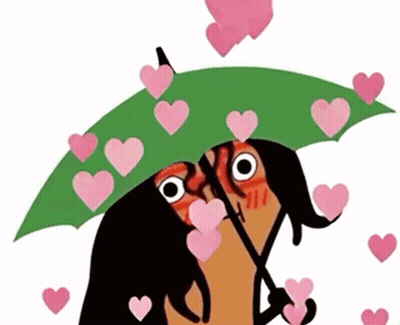 Cartoon Character Holding Green Umbrella With Pink Hearts GIF