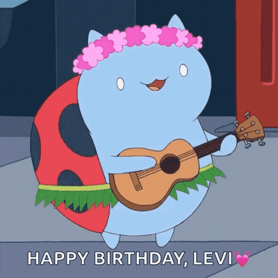 Cartoon Character Holding Guitar With Flower Crown Saying Happy Birthday Levi GIF