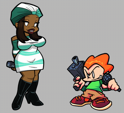 Cartoon Character Holding Gun Beside Woman With Microphone GIF
