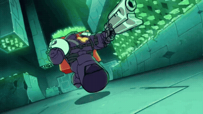 Cartoon Character Holding Gun In Dark Room GIF