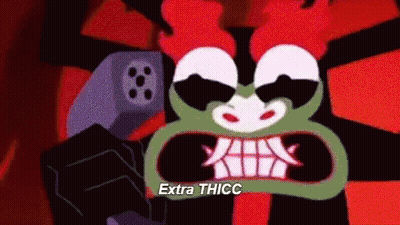 Cartoon Character Holding Gun Labeled Extra Thicc GIF