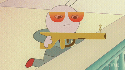 Cartoon Character Holding Gun Saying Hello GIF