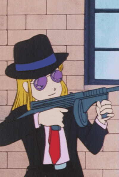 Cartoon Character Holding Gun With Hat And Sunglasses GIF