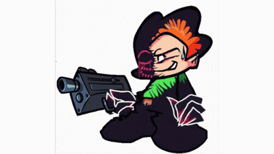 Cartoon Character Holding Gun With Skull On Head GIF