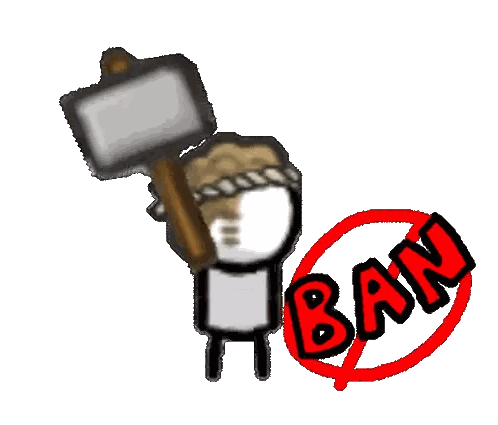 Cartoon Character Holding Hammer Next To Ban Sign Sticker