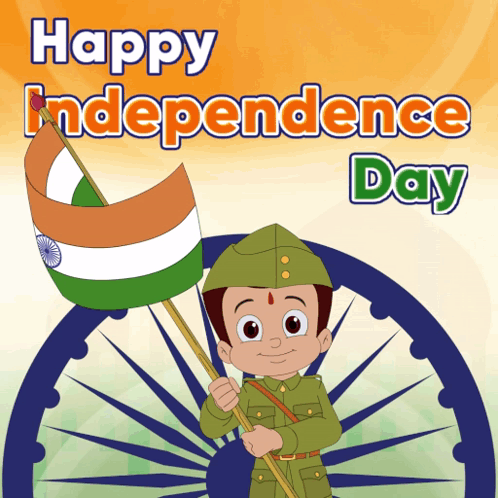 Cartoon Character Holding Happy Independence Day Flag GIF