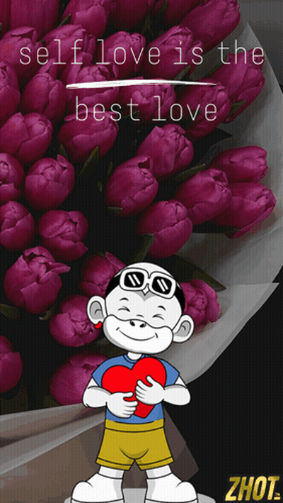 Cartoon Character Holding Heart With Purple Flowers GIF