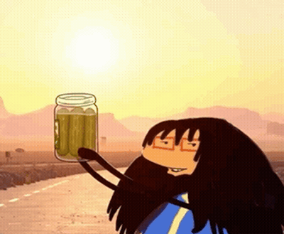 Cartoon Character Holding Jar Of Pickles In Front Of Sun GIF