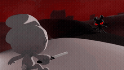 Cartoon Character Holding Knife In Front Of Black Mouse With Red Eyes GIF