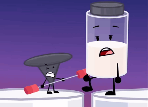 Cartoon Character Holding Marshmallow Next To Face Milk Bottle GIF