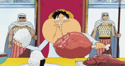 Cartoon Character Holding Meat And Rice GIF