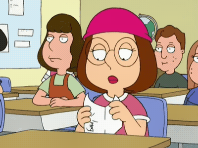 Cartoon Character Holding Meg Paper In Classroom GIF