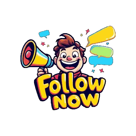 Cartoon Character Holding Megaphone Follow Now Sticker