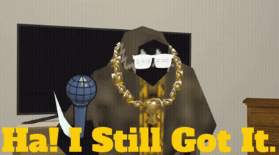 Cartoon Character Holding Microphone Saying Ha I Still Got It GIF