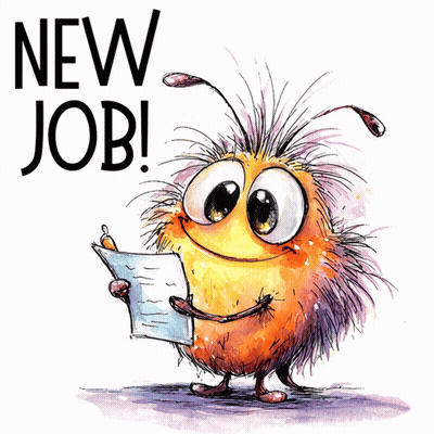 Cartoon Character Holding Paper Saying New Job GIF