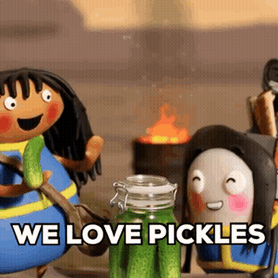Cartoon Character Holding Pickle By Pickle Jar Saying We Love Pickles GIF