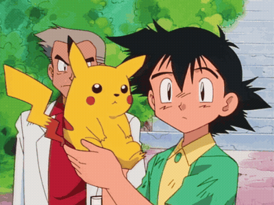 Cartoon Character Holding Pikachu With Another Looking On GIF