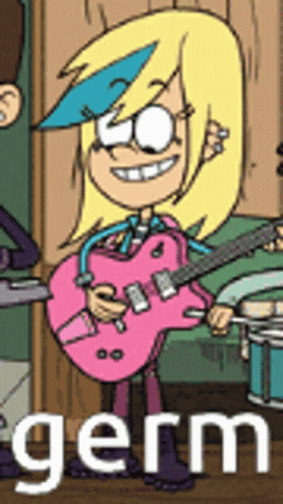 Cartoon Character Holding Pink Guitar Smiling GIF