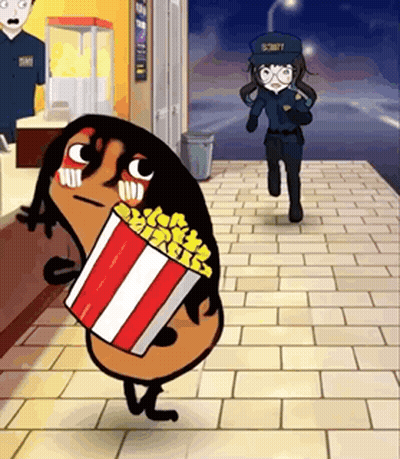 Cartoon Character Holding Popcorn, Security Guard Runs Behind GIF