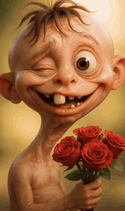 Cartoon Character Holding Red Roses GIF