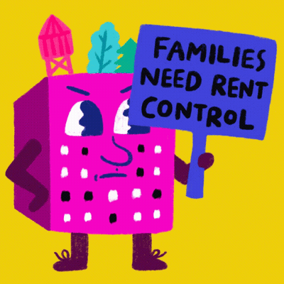 Cartoon Character Holding Rent Control Sign GIF