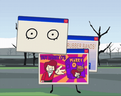 Cartoon Character Holding Sign Saying Buy Harry 07'S Rubber Bands GIF