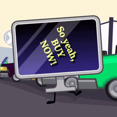 Cartoon Character Holding Sign Saying So Buy Now GIF