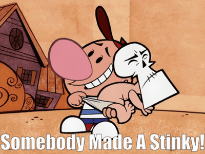 Cartoon Character Holding Skeleton Saying Somebody Made A Stinky GIF