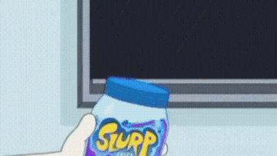 Cartoon Character Holding Slurp Candy Jar In Front Of TV GIF