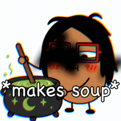 Cartoon Character Holding Spoon Beside Cauldron Saying Makes Soup GIF