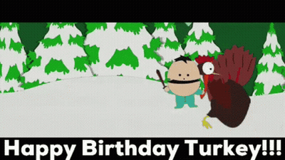 Cartoon Character Holding Stick Next To Turkey GIF