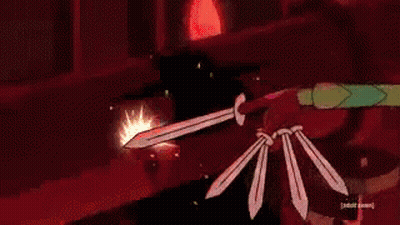 Cartoon Character Holding Sword In Front Of Red Wall GIF