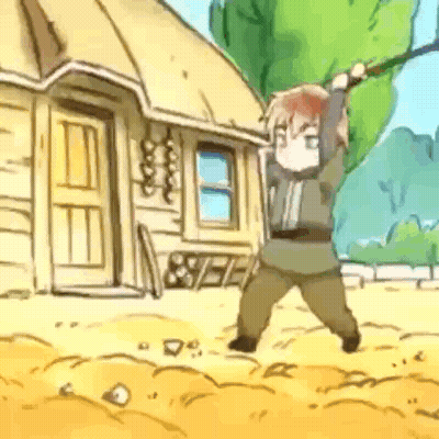 Cartoon Character Holding Sword In Front Of Thatched Roof House GIF