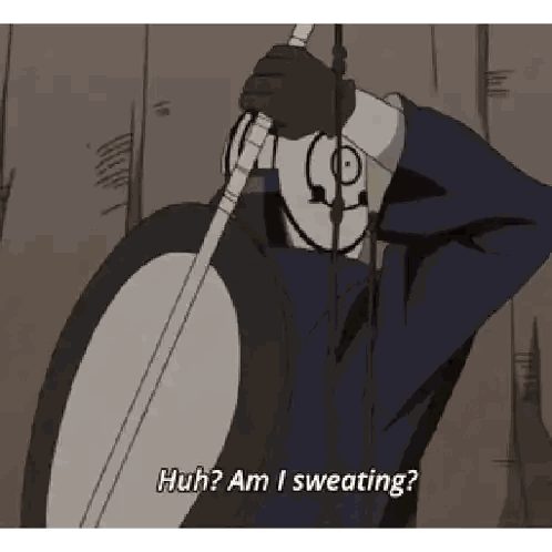 Cartoon Character Holding Sword Saying Huh Am I Sweating Sticker
