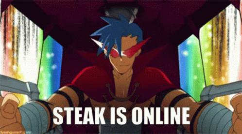 Cartoon Character Holding Sword Saying Steak Is Online GIF