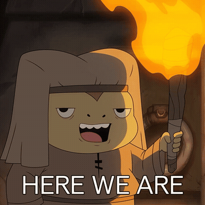 Cartoon Character Holding Torch Saying Here We Are