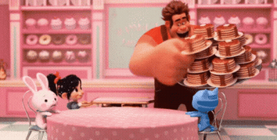 Cartoon Character Holding Tray Of Pancakes In Bakery GIF